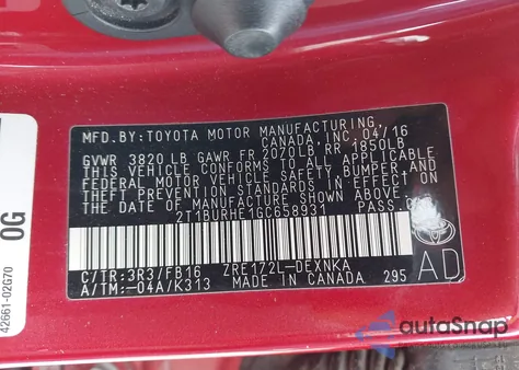 2016 Toyota Corolla Le from USA, damaged, VIN 2T1BURHE1GC658931